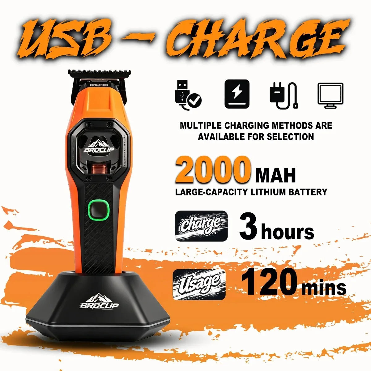 BRDCLIP Hair Trimmer Professional Shaver Cordless Hair Cutting Machine 13000 RPM Metal Hair Trimmer for Men BRD-2601 2602 2603