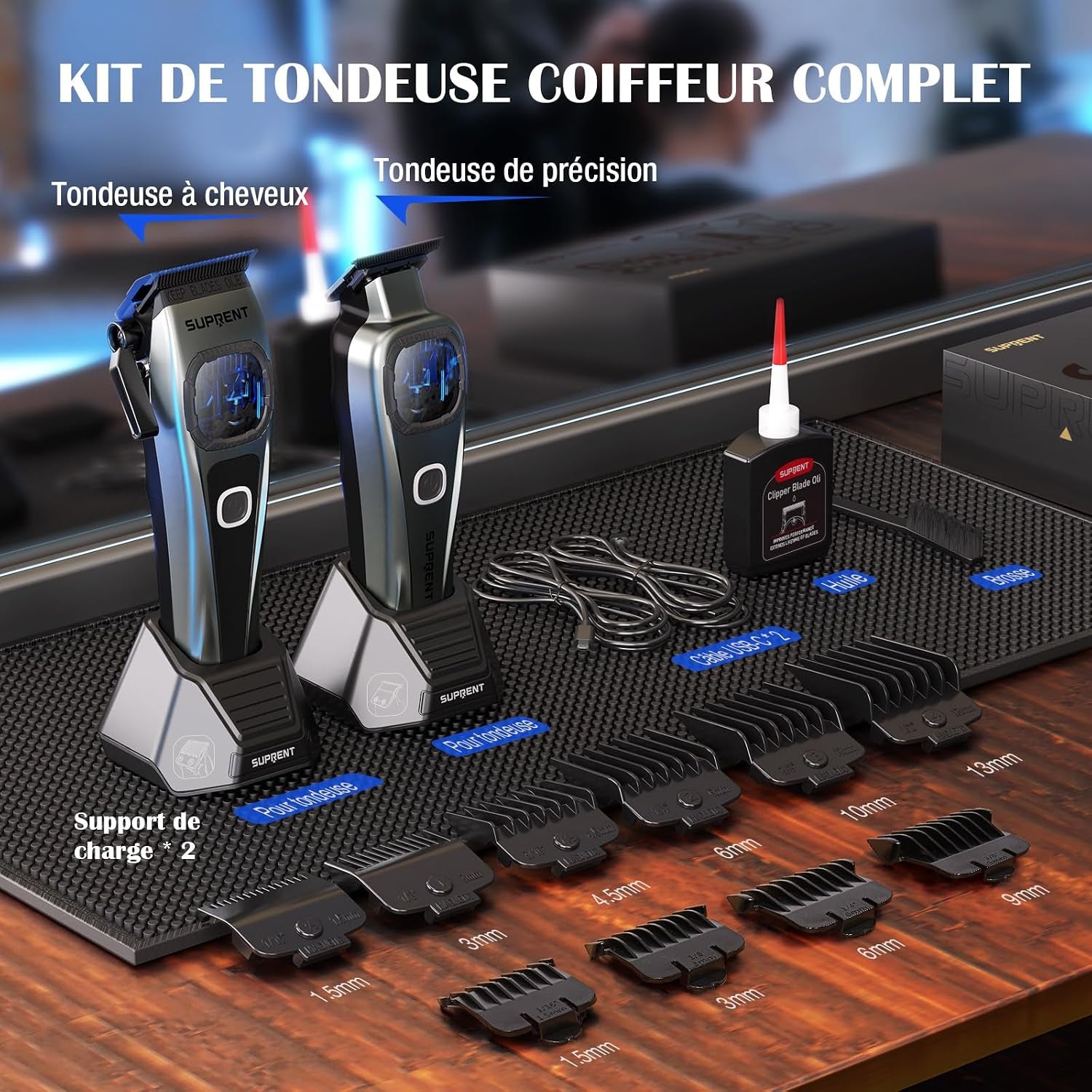Tondeuse À Cheveux Professionnelle Pour Homme - Lame Fade Revêtue De Titane - Lame En T Réglable Zero-Gap - 5 Niveaux De Longueur - Peignes De Guidage Magnétiques - Batterie 2500 Mah Et