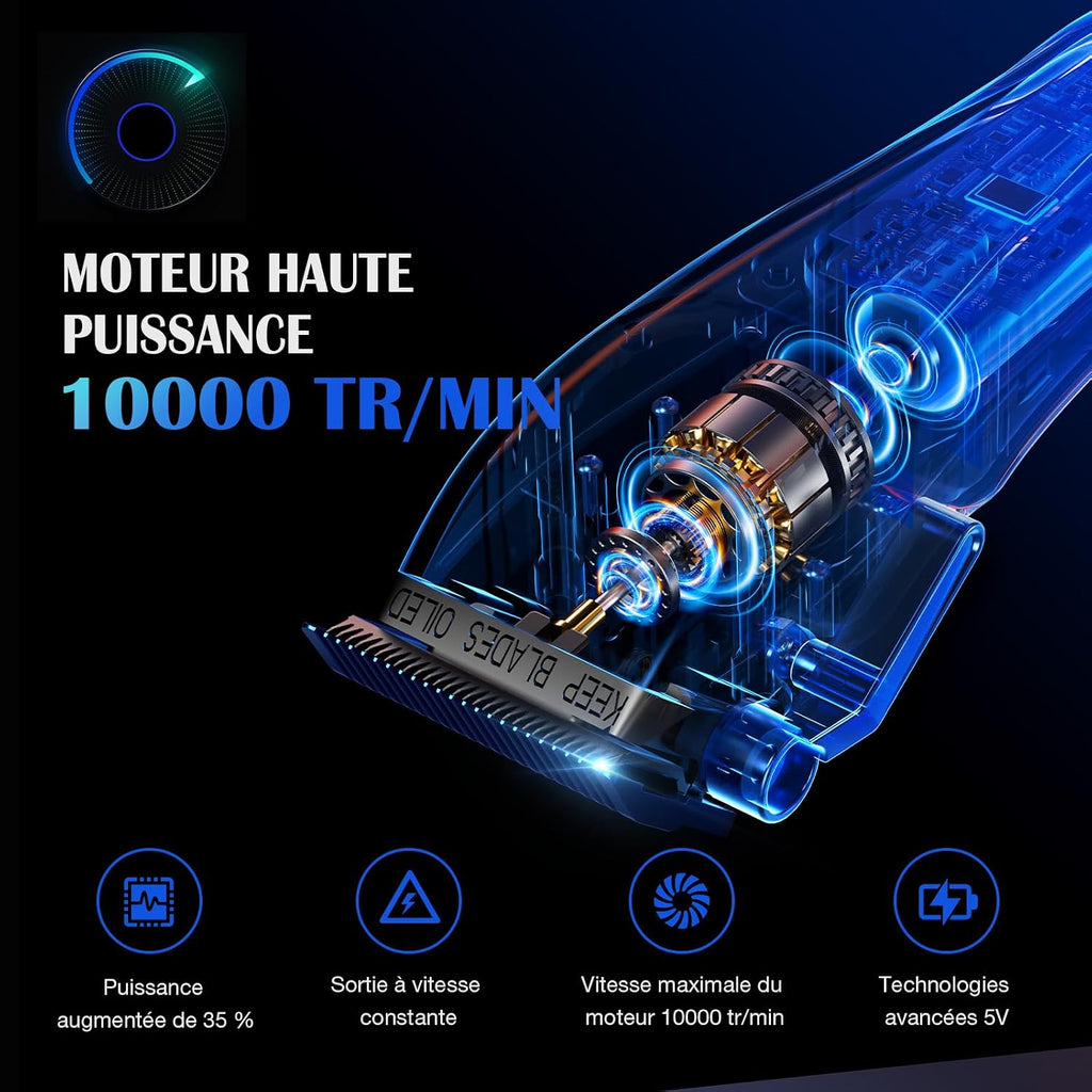 Tondeuse À Cheveux Professionnelle Pour Homme - Lame Fade Revêtue De Titane - Lame En T Réglable Zero-Gap - 5 Niveaux De Longueur - Peignes De Guidage Magnétiques - Batterie 2500 Mah Et