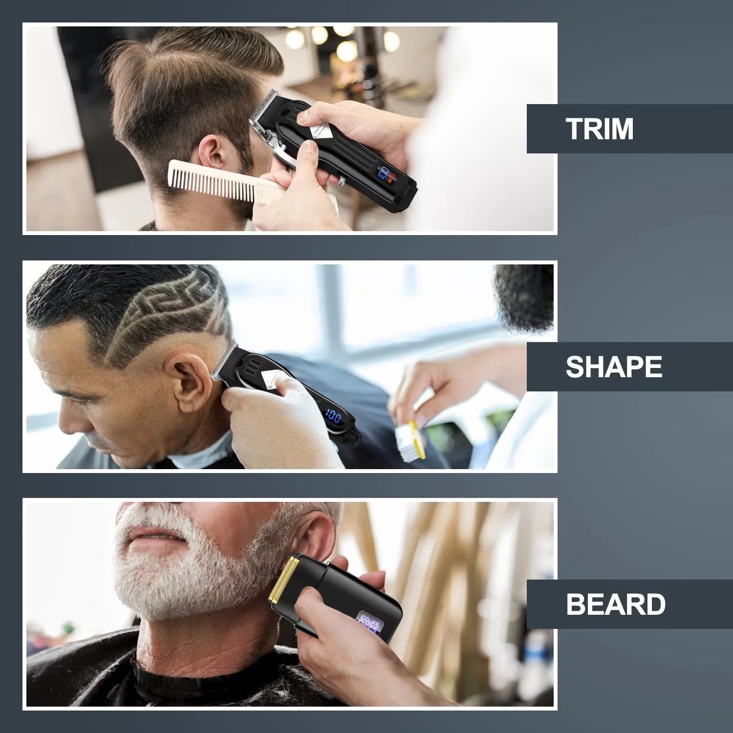 3-In-1 Hair Trimmers & Clippers, Cordless with LCD Display and Rechargeable Barber Trimmers, Black