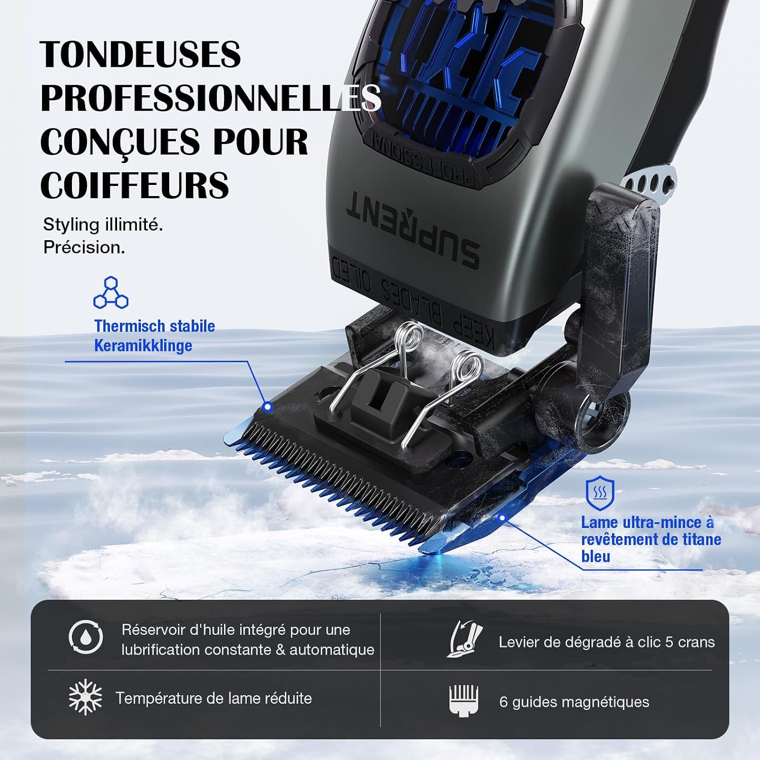 Tondeuse À Cheveux Professionnelle Pour Homme - Lame Fade Revêtue De Titane - Lame En T Réglable Zero-Gap - 5 Niveaux De Longueur - Peignes De Guidage Magnétiques - Batterie 2500 Mah Et