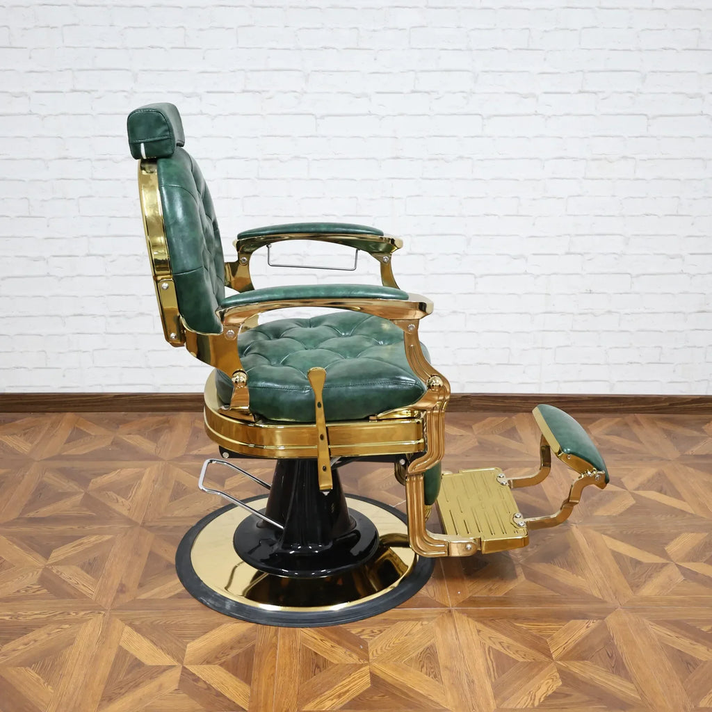 360° Rotatable Hydraulic Barber Chair - Reclining Professional Green Salon Furniture for Barbershops