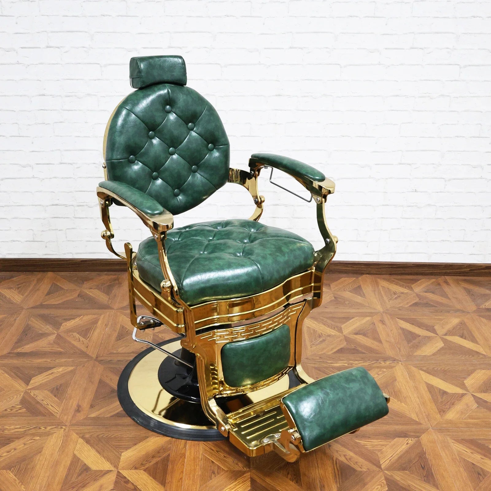 360° Rotatable Hydraulic Barber Chair - Reclining Professional Green Salon Furniture for Barbershops