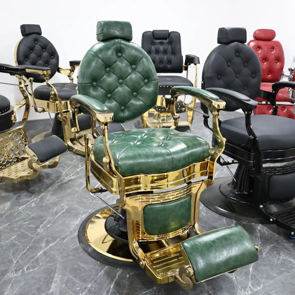 360° Rotatable Hydraulic Barber Chair - Reclining Professional Green Salon Furniture for Barbershops