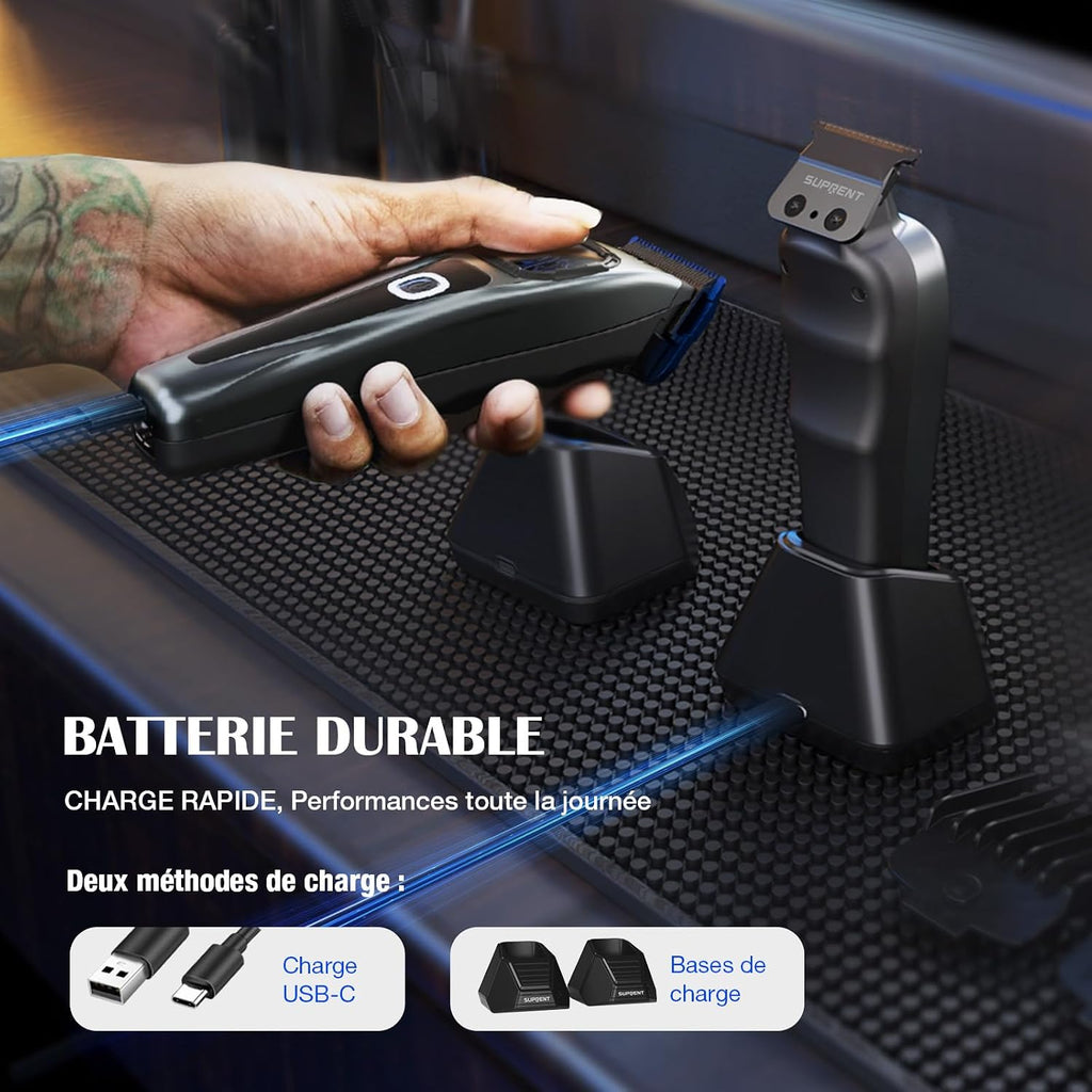 Tondeuse À Cheveux Professionnelle Pour Homme - Lame Fade Revêtue De Titane - Lame En T Réglable Zero-Gap - 5 Niveaux De Longueur - Peignes De Guidage Magnétiques - Batterie 2500 Mah Et