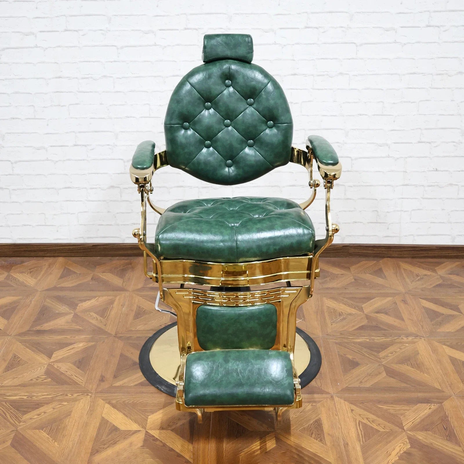360° Rotatable Hydraulic Barber Chair - Reclining Professional Green Salon Furniture for Barbershops