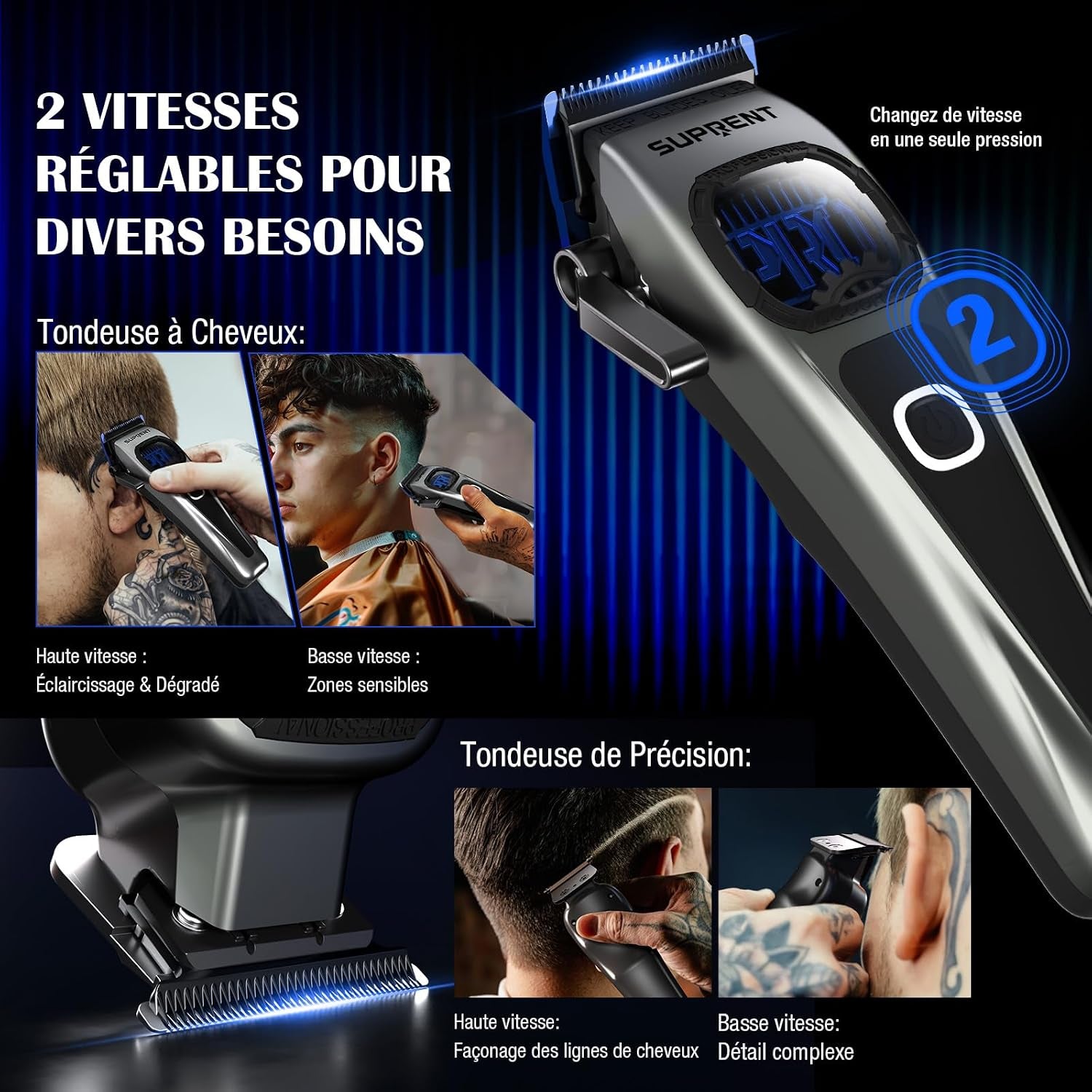 Tondeuse À Cheveux Professionnelle Pour Homme - Lame Fade Revêtue De Titane - Lame En T Réglable Zero-Gap - 5 Niveaux De Longueur - Peignes De Guidage Magnétiques - Batterie 2500 Mah Et