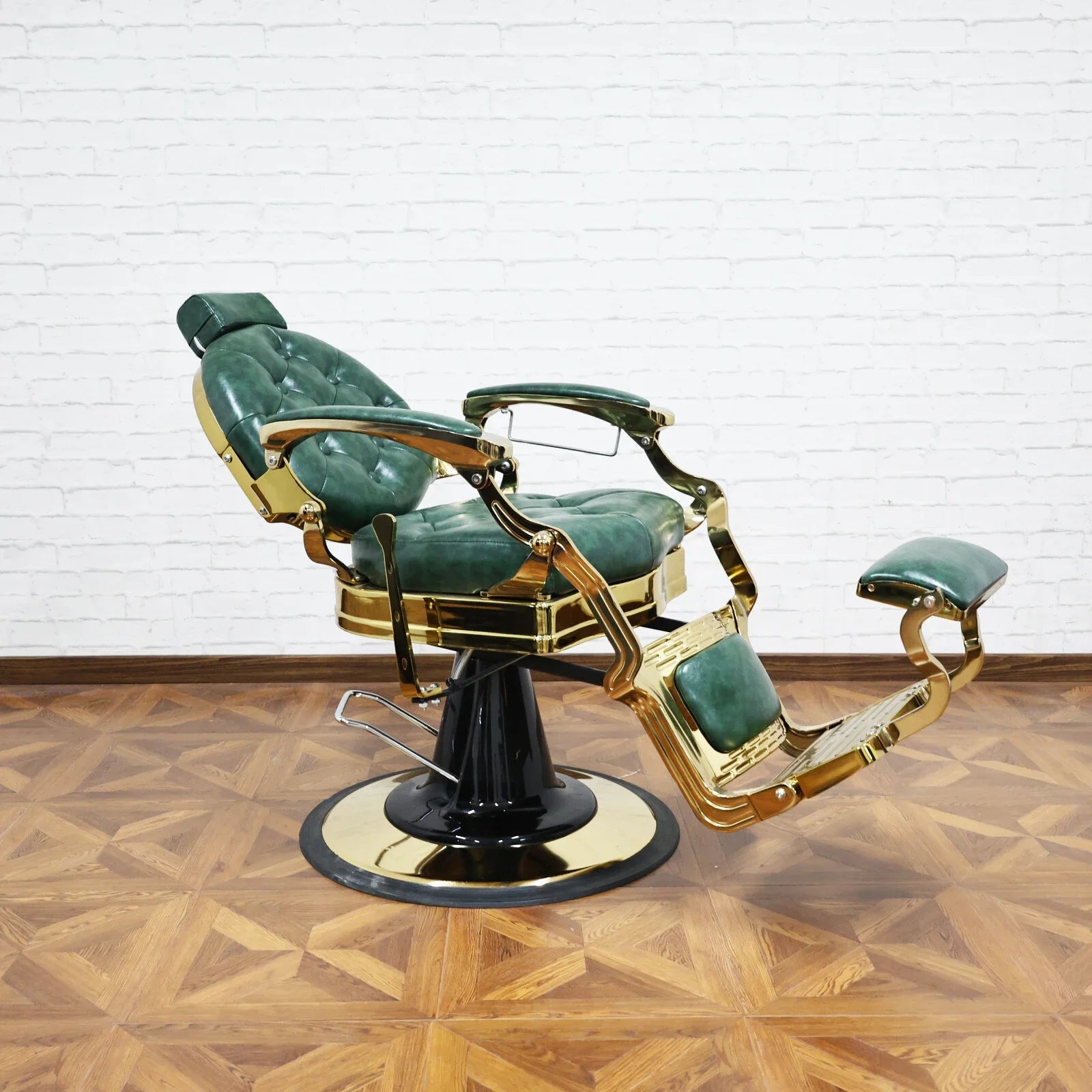 360° Rotatable Hydraulic Barber Chair - Reclining Professional Green Salon Furniture for Barbershops